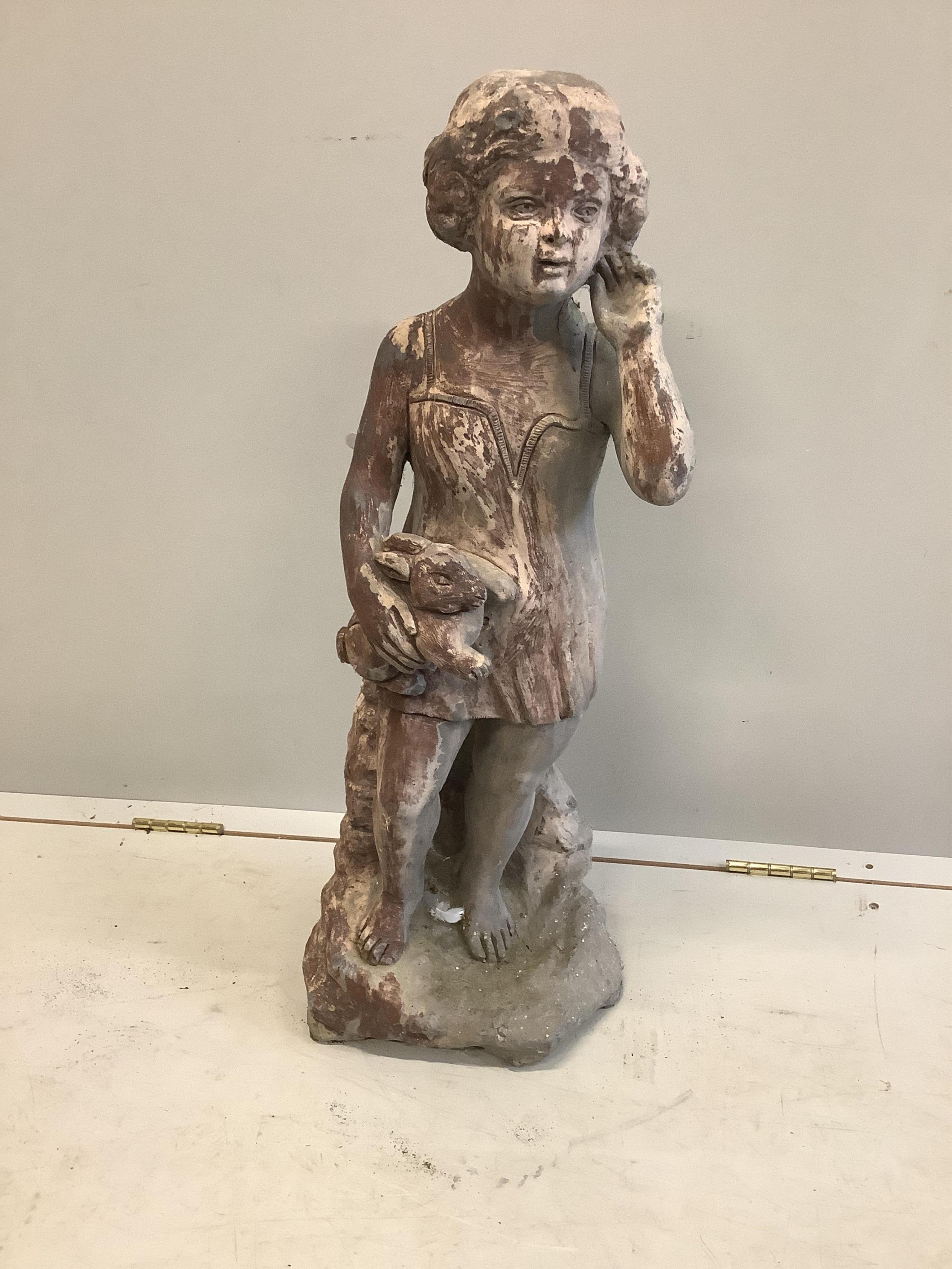 A painted reconstituted lead garden figure of an infant girl holding a rabbit, height 77cm. Condition - fair